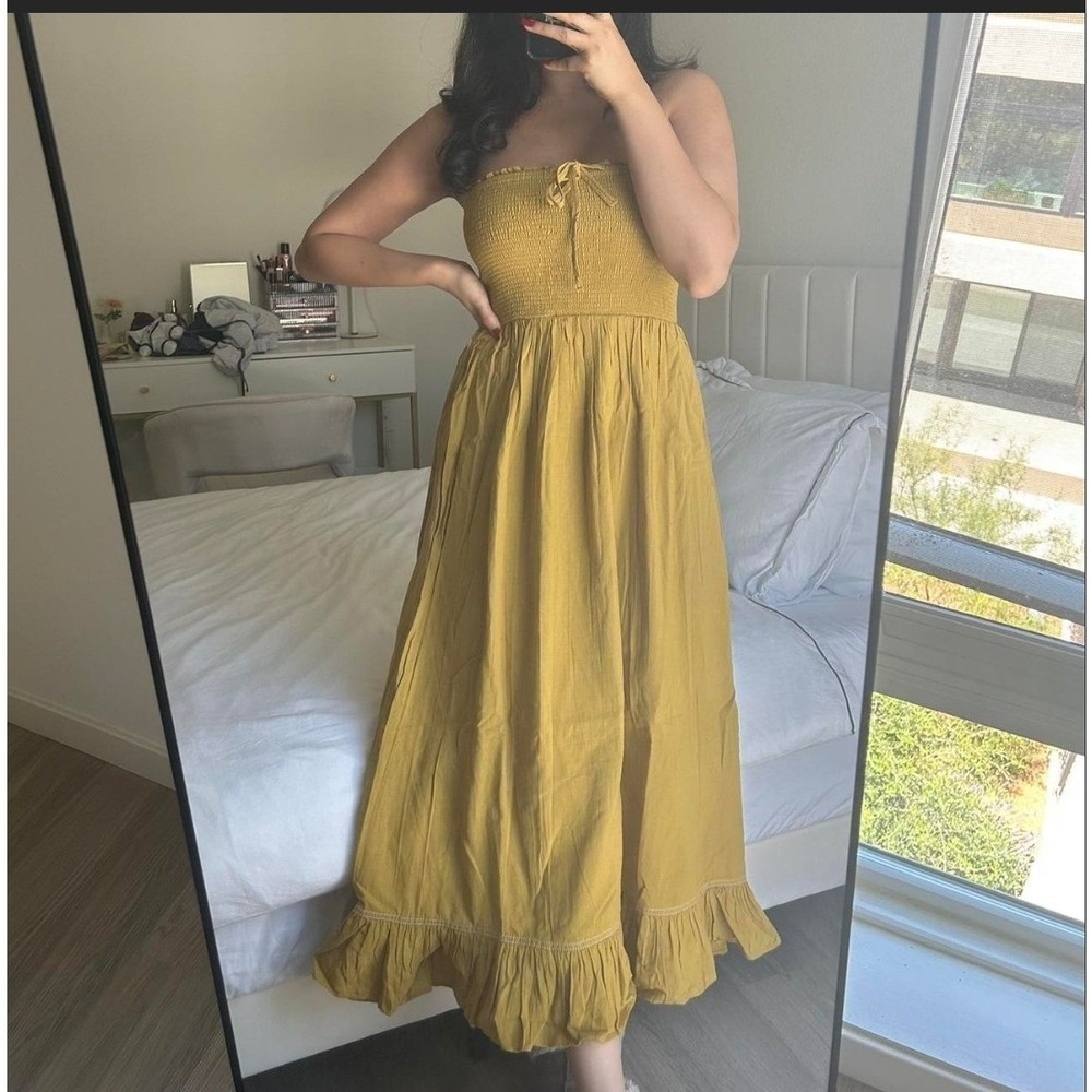 Urban Outfitters Mustard Yellow‎ Penny Smocked Strapless Maxi Dress Cotton/Linen